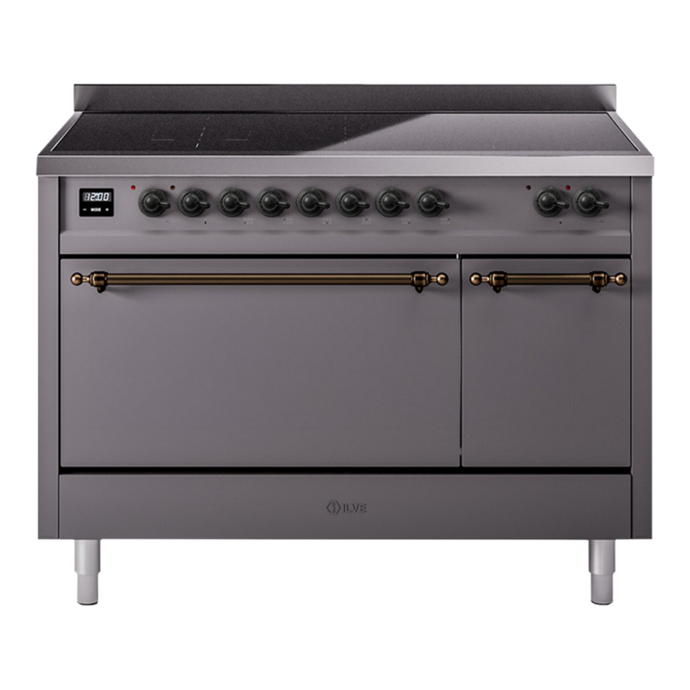 ILVE Nostalgie II 48" Induction Range - Double Ovens, 6-Element Induction - Solid Door - Graphite Matte / Bronze