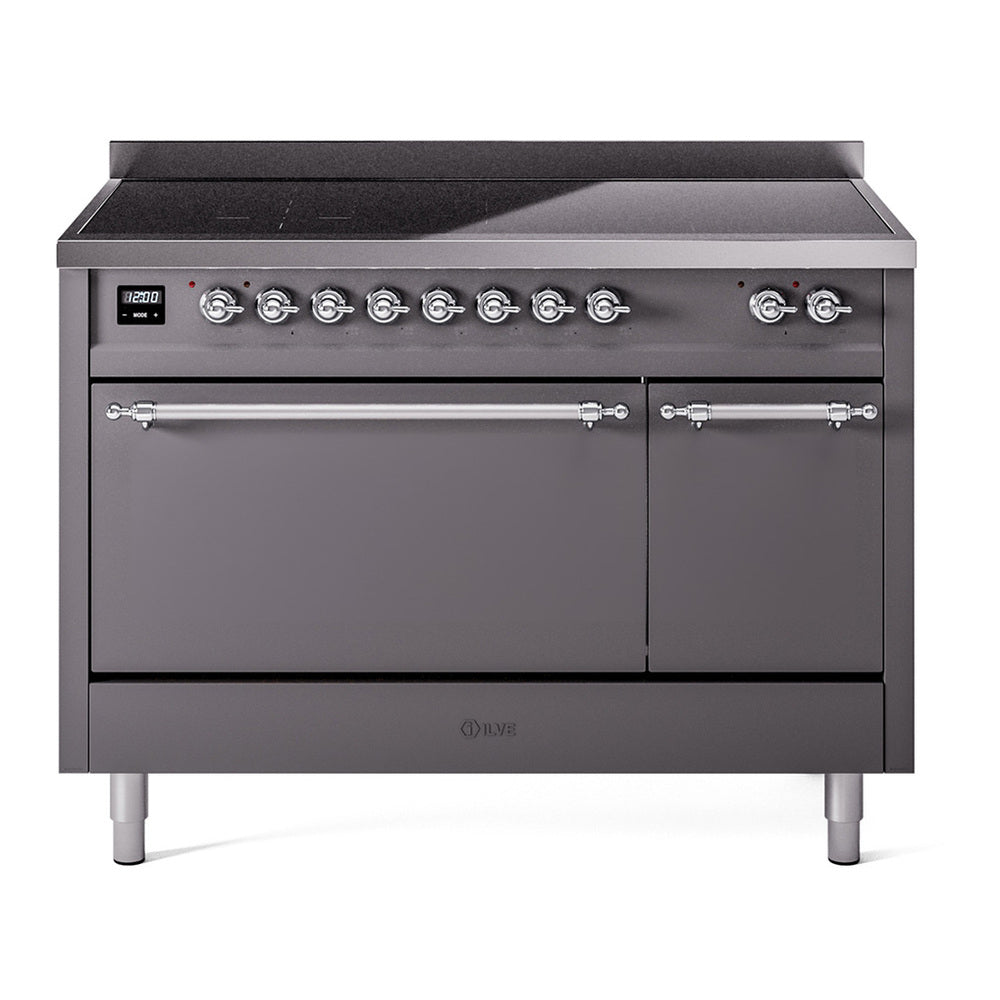 ILVE Nostalgie II 48" Induction Range - Double Ovens, 6-Element Induction - Solid Door - Graphite Matte / Chrome