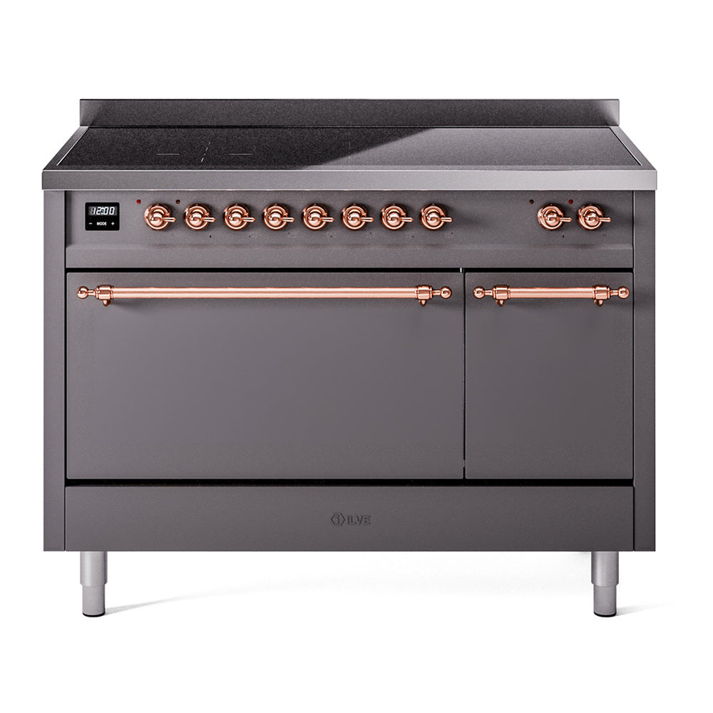ILVE Nostalgie II 48" Induction Range - Double Ovens, 6-Element Induction - Solid Door - Graphite Matte / Copper
