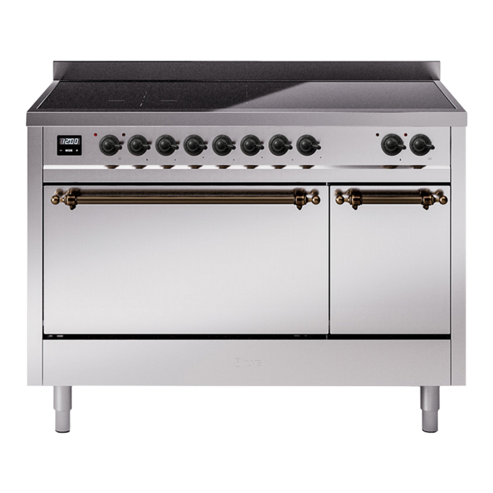ILVE Nostalgie II 48" Induction Range - Double Ovens, 6-Element Induction - Solid Door - Stainless Steel / Bronze