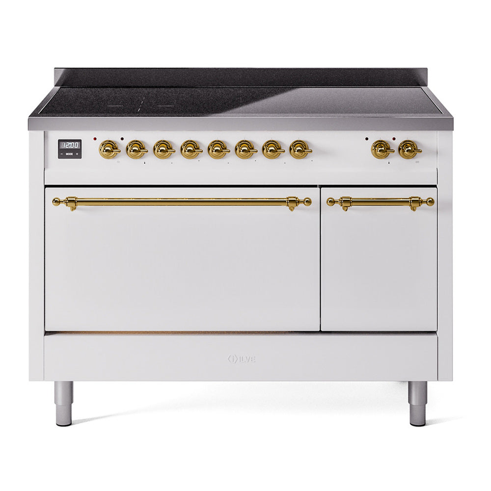 ILVE Nostalgie II 48" Induction Range - Double Ovens, 6-Element Induction - Solid Door - White / Brass