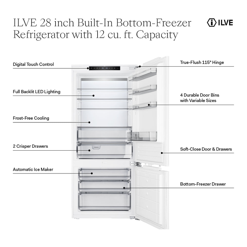 ILVE 28 inch Bottom Freezer Refrigerator with 12 cu. ft. Capacity, Automatic Ice Maker, Panel Ready - image 2