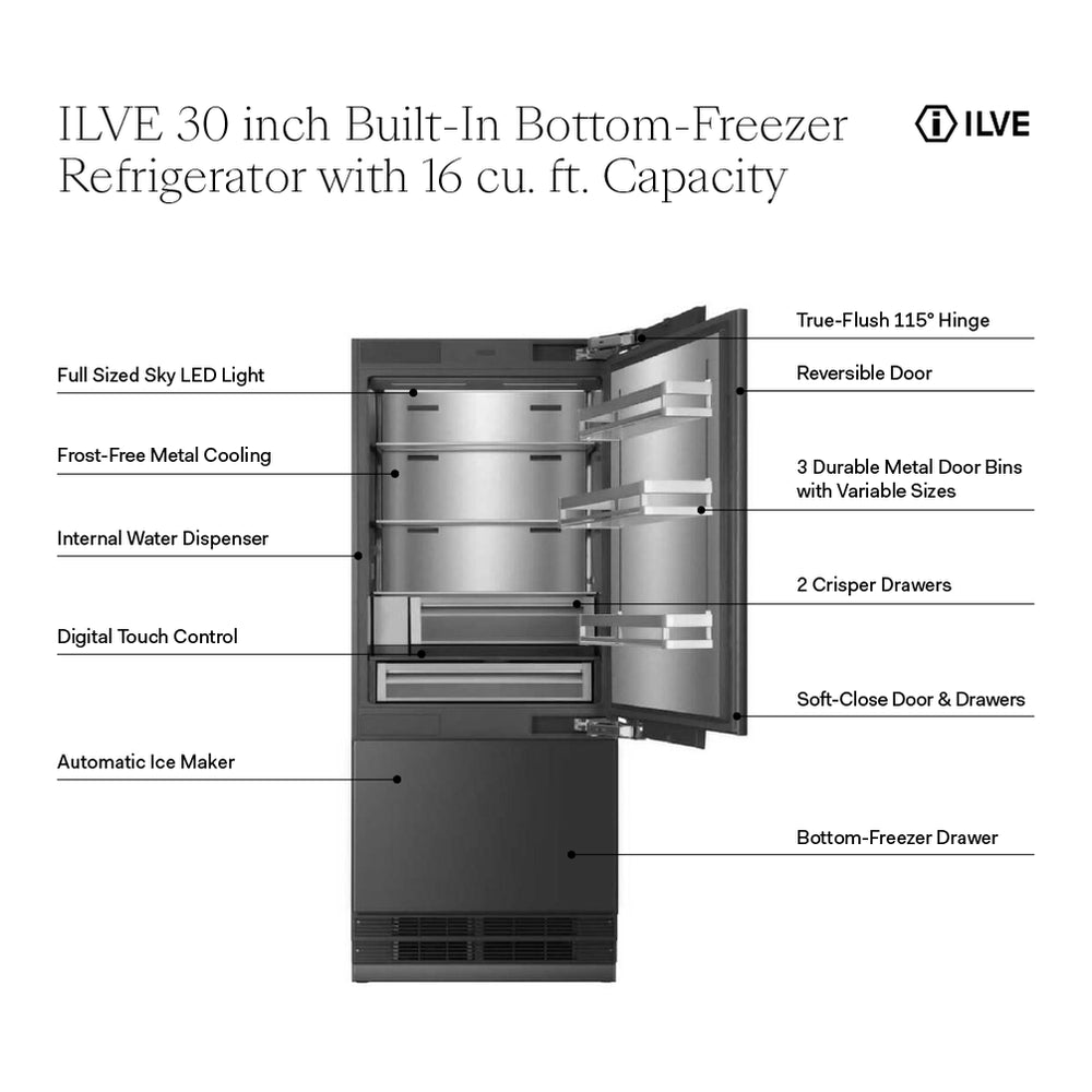 ILVE 30 inch Built-In Bottom Freezer Refrigerator with 16 cu. ft. Capacity, Reversible Door, Energy Star, Sabbath Mode, Panel Ready - image 2