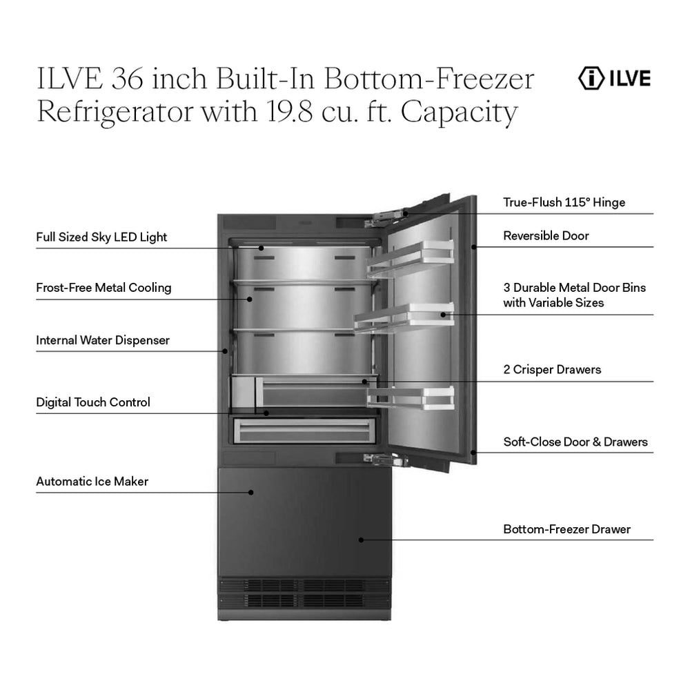 ILVE 36 inch Built-In Bottom Freezer Refrigerator with 19.8 cu. ft. Capacity, Reversible Door, Energy Star, Sabbath Mode, Panel Ready - image 2