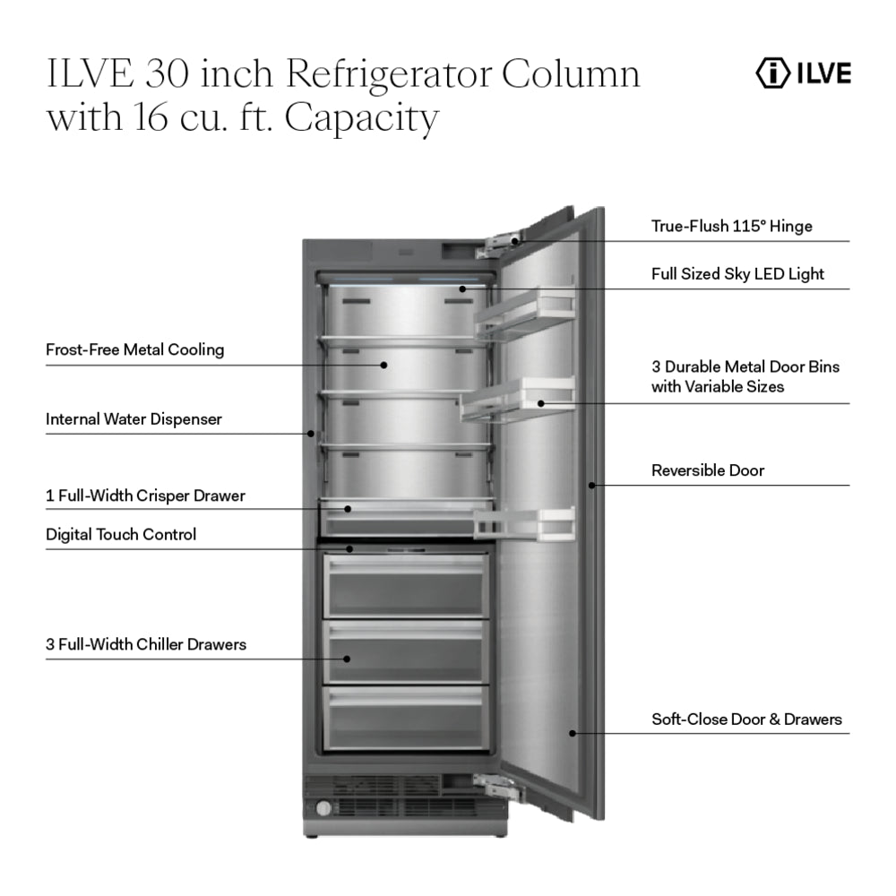 ILVE 30 inch Refrigerator Column with 16 cu. ft. Capacity, Internal Water Dispenser, Reversible Door, Panel Ready - image 2