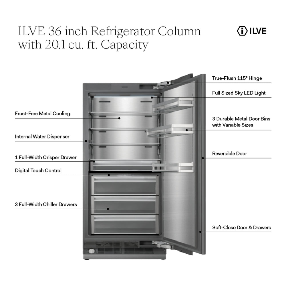 ILVE 36 inch Refrigerator Column with 20.1 cu. ft. Capacity, Internal Water Dispenser, Reversible Door, Panel Ready - image 2