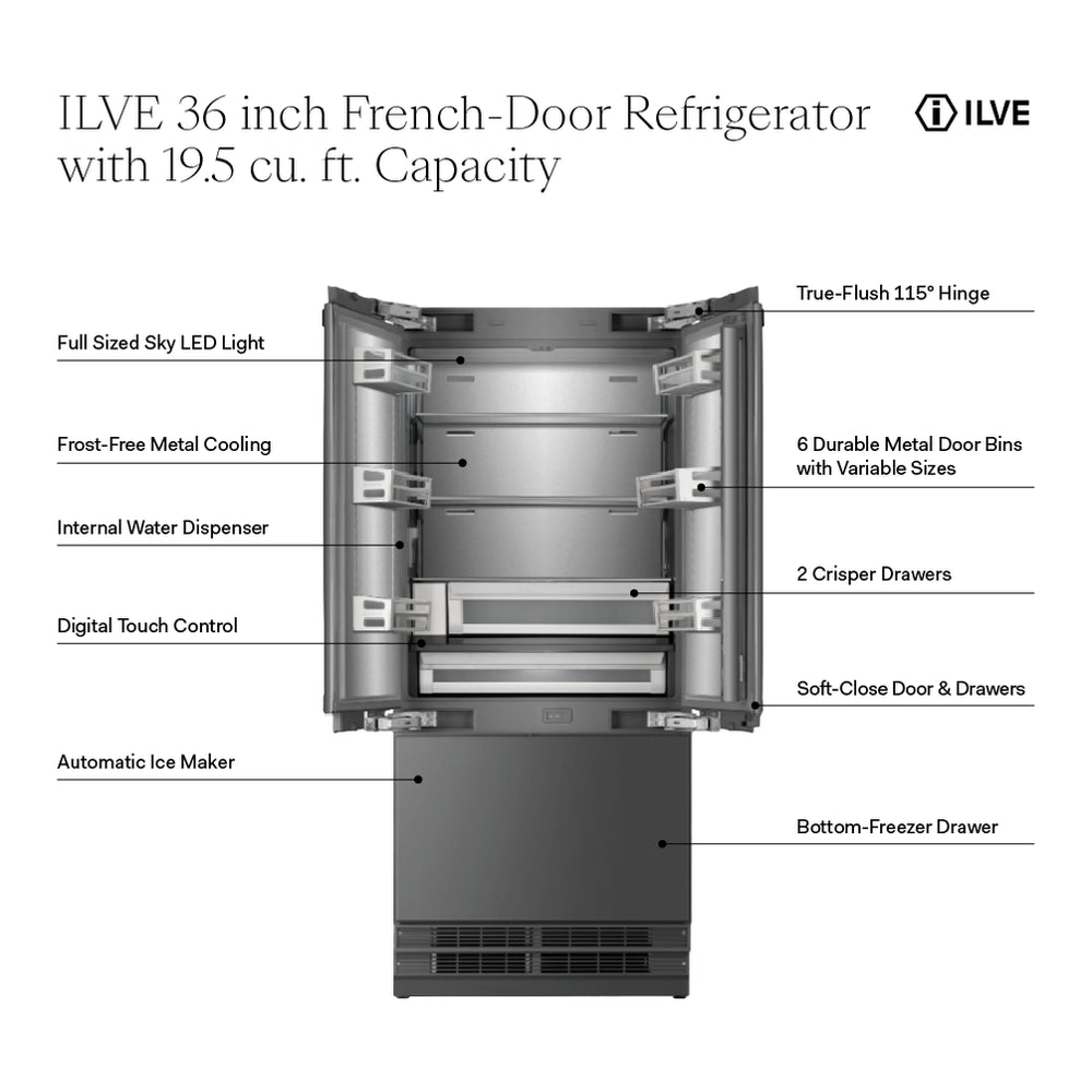 ILVE 36 inch Built-In French Door Refrigerator with 19.5 cu. ft. Capacity, Internal Water Dispenser, Ice Maker, Energy Star, Sabbath Mode, Panel Ready - image 2
