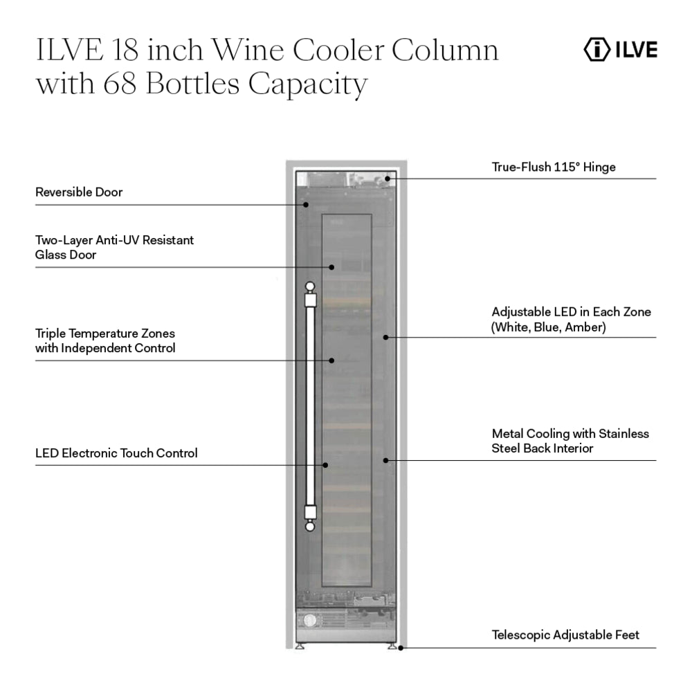 ILVE 18 inch Built-In Triple Zone Wine Column with 68 Bottle Capacity, Panel Ready - image 2
