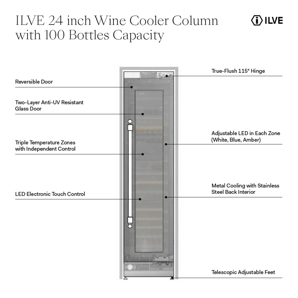 ILVE 24 inch Built-In Triple Zone Wine Column with 100 Bottle Capacity, Panel Ready - image 2