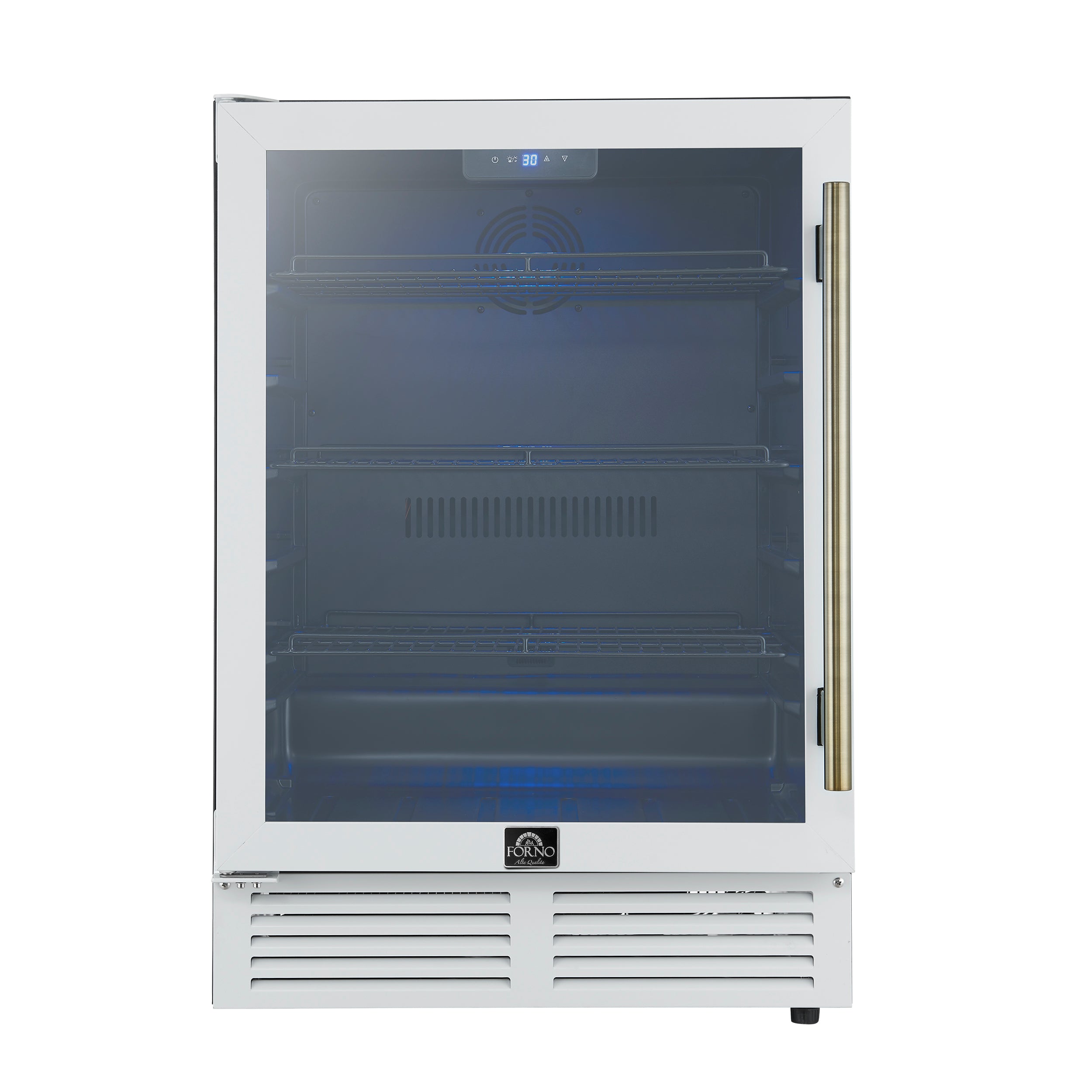 Forno Frescolino 24 Inch Beverage Cooler, White with Antique Brass Handles, with LED Lighting, Triple Glass Door, 188 Can Capacity, Built-In or Freestanding