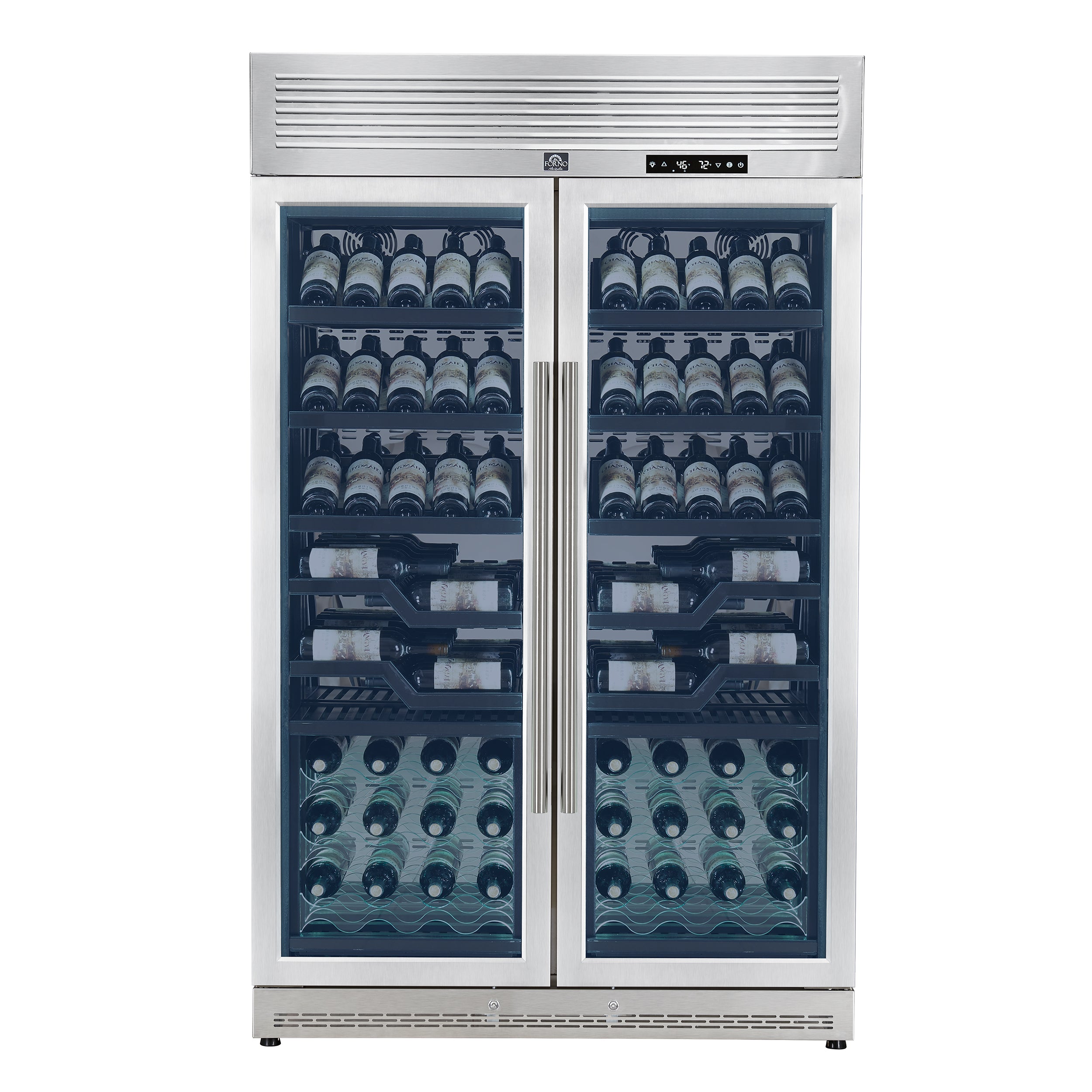 FORNO Abruzzo 48-Inch Dual Zones Wine Cellar, 102 Bottles, 24 cu. ft., Green Acrylic Holders & Black Shelves