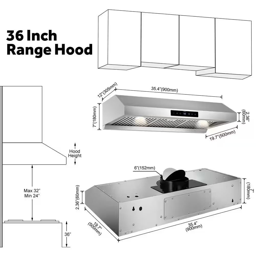 36 In. 900 CFM Stainless Steel Range Hood with 4-Speed Settings, Remote Control, LED, Gesture Control Detachable Oil Cup