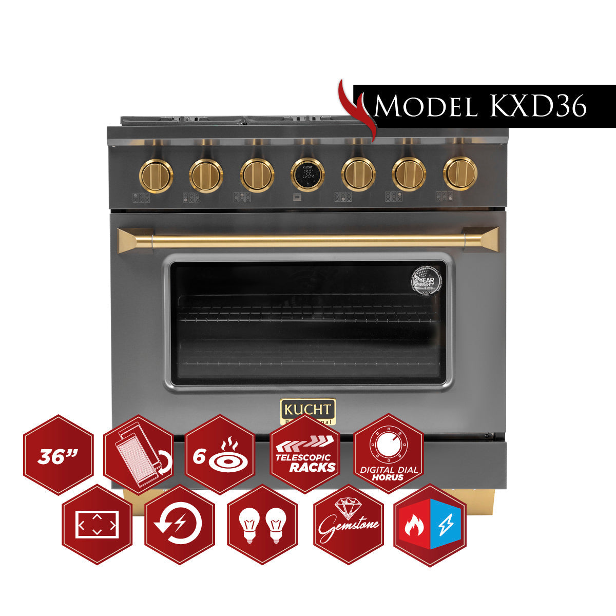 Kucht 36 in. 5.2 cu. ft. 6 Burners Dual Fuel Range KXD36 - image 16