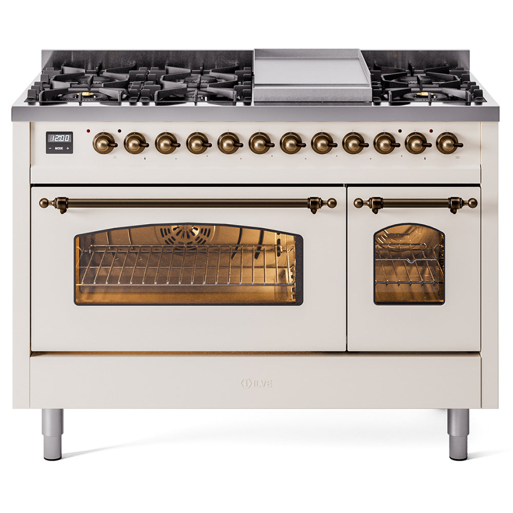 ILVE Nostalgie II 48" Dual Fuel Range - Double Ovens, 5 Burners + Griddle + French Top - Solid Door