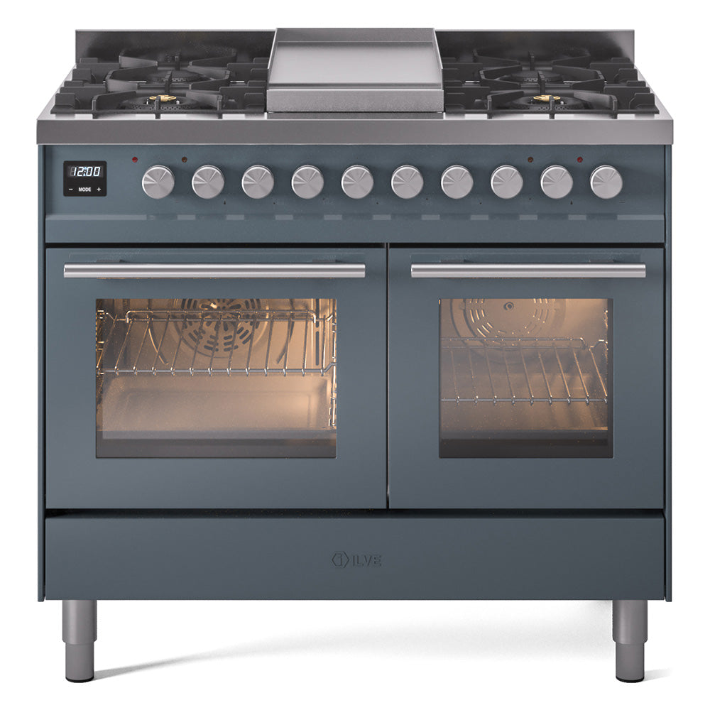 ILVE Professional Plus II 40" Dual Fuel Range - Double Ovens, 6 Burners + Griddle - Solid Door